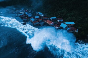 Vibrant waves crashing against rustic fishing boats at sunset, capturing the beauty of coastal life and nature.