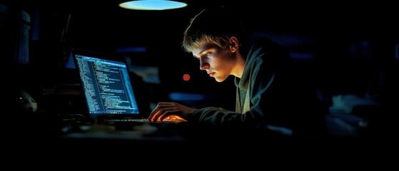 Wall Mural - a determined programmer illuminated by a dim light intensely focuses on coding at their laptop in a 