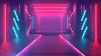 Wall Mural - futuristic concert stage design, vibrant neon lights, dynamic shapes, immersive atmosphere, modern a