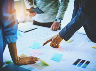 Poster - Hands, group discussion and business people with documents for strategy, meeting or pointing. Team, paper or project manager planning with sticky note, brainstorming ideas or data in creative startup