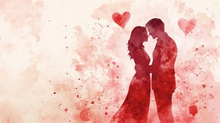 romantic couple embracing in artistic red watercolor background during a celebration of love
