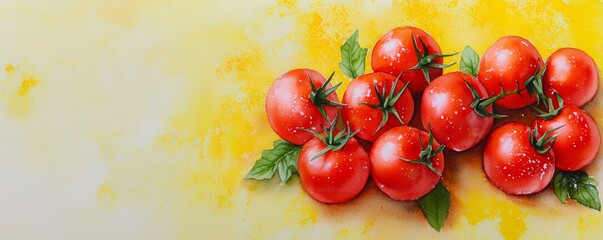 Fresh red tomatoes and soft green leaves on a sunlit yellow background with watercolor paint splashes.