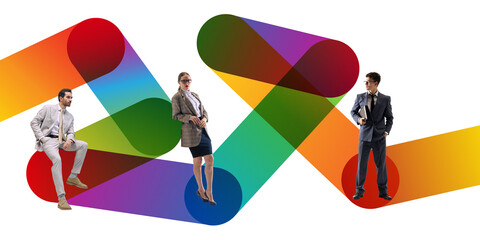 Contemporary art collage. Creative compositions combining people and bold colors, shows teamwork and modernity. Tech or design-focused content. Minimalist design. Concept of business presentations.