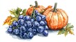 © VIK - Watercolor illustration of pumpkins and colorful autumn leaves, perfect for decorating for fall and harvest seasons.
