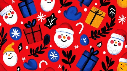 Colorful Christmas pattern with gift boxes, Santa faces, and snowflakes on a vibrant red background.