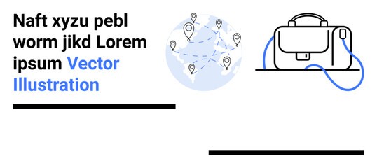Global network with location markers and lines, professional office briefcase with strap. Ideal for business, travel, globalization, networking, corporate themes, mobile apps, infographics. Landing