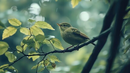 Wall Mural - A small green bird perches on a branch in a lush forest, with green leaves and a bokeh background.