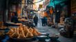 © fastfoodslayer - Samosas with dipping sauce, set on a table in a vibrant Delhi street market, bright colors and bustling activity