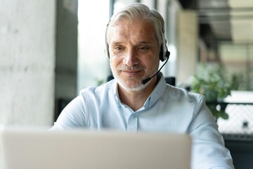 Canvas Print - Smiling businessman using headset when talking to customer. Tech support manager in headset consulting a client