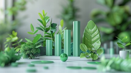 Wall Mural - eco-friendly finance model with floating bar graphs, green growth indicators, and carbon footprint i