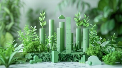 Wall Mural - eco-friendly finance model with floating bar graphs, green growth indicators, and carbon footprint i