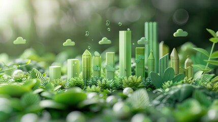 Wall Mural - eco-friendly finance model with floating bar graphs, green growth indicators, and carbon footprint i