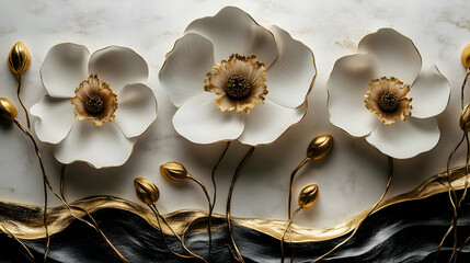 Wall Mural - 3D Illustration of White Flowers with Gold Accents