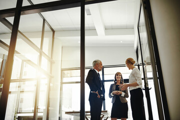 Poster - Business people, office and conversation for teamwork, meeting or brainstorming in dicsussion. Women, mature man and low angle for collaboration, together and mentorship as employees with company ceo