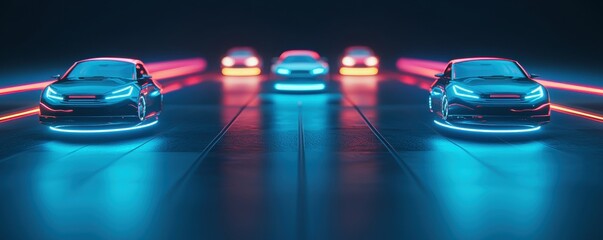 Wall Mural - A futuristic scene featuring glowing cars on a sleek surface, neon lights