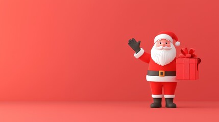 Wall Mural - Santa delivers joy with a festive gift on a vibrant red background