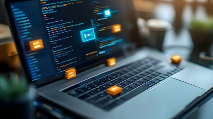 Laptop with Code on Screen and Orange Cubes