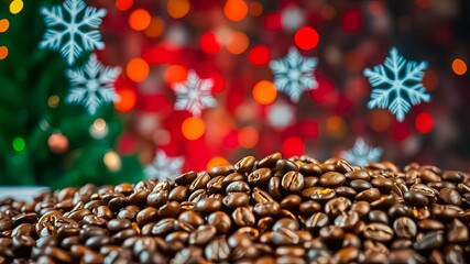 A festive arrangement of roasted coffee beans with a blurred background featuring snowflakes and warm lights.