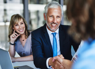 Meeting, handshake and business people in office with deal, team or partnership for investment. Happy, onboarding and hr manager with job candidate shaking hands for agreement on recruitment offer.