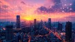 © CreativeOstad - Futuristic Smart City at Sunset: Digital Network Overlay Representing IoT, Data Flow, and Global Connectivity in a Technologically-Driven Urban Environment