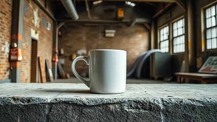 Wall Mural - A white ceramic mug rests on a rough concrete surface in a large, weathered industrial space. The mug's simple design contrasts with the textured background of exposed brick and large windows.