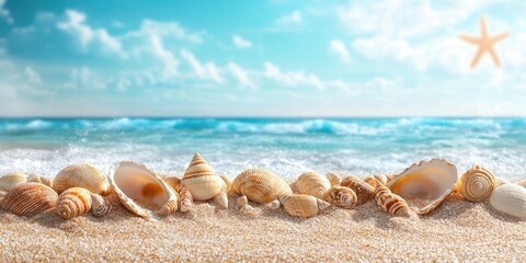 Poster - Summer photo of a beach featuring shells and a seascape. Available space for your decoration.