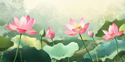 Aufkleber - Lovely pink lotus flowers blooming against a backdrop of green space.