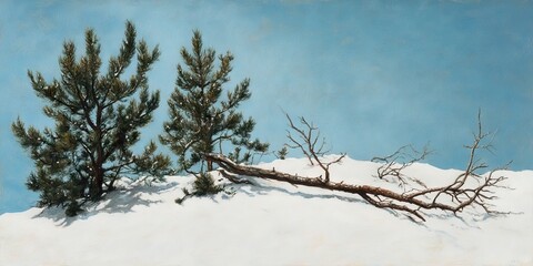 Aufkleber - A cluster of pine trees and a few branches on a white snow and blue backdrop.