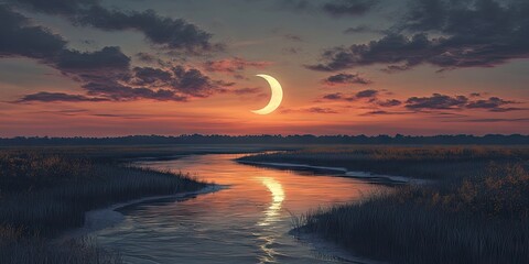 Poster - Crescent moon appearing above a shallow water river under a cloudy twilight sky.