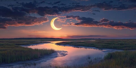 Poster - Crescent moon appearing above a shallow water river under a cloudy twilight sky.