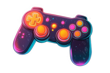 Isolated retro-style game controller with vibrant neon colors, buttons, representing 80s-90s gaming aesthetics