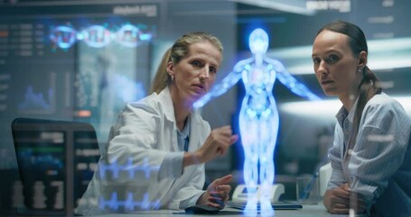 Aufkleber - Doctor And Patient Discussing Diagnosis, Using Anatomical Holograms. AI Processes  Biometrics, Genomic Sequence, Cellular Metabolomics, 3D Visualization Of Gene, Physiological For Precision Diagnostic