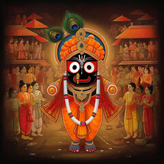 Traditional depiction of Lord Jagannath with a vibrant background, symbolizing devotion, culture, and divinity