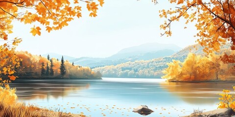 Poster - Autumn scenery featuring a reservoir amidst golden foliage. Natural backdrop with copyspace for text or lettering.