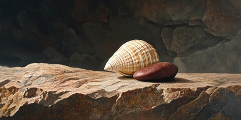 Aufkleber - Still life of a small seashell positioned on a maroon stone with a backdrop of dark, rugged rock.