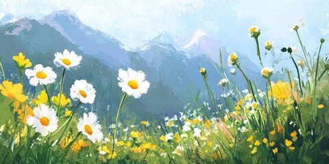 Fototapete - Countryside and mountain scenery featuring yellow, white, and colorful flowers.