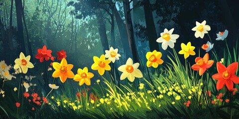Poster - Vibrant and colorful daffodil flowers set against a backdrop of the forest and spring scenery.