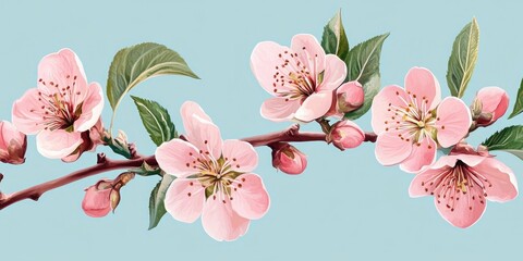 Aufkleber - Peach blossoms on a pastel blue background. Flowering fruit.