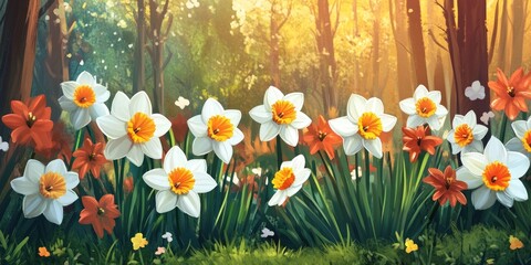 Poster - Vibrant and colorful daffodil flowers set against a backdrop of the forest and spring scenery.