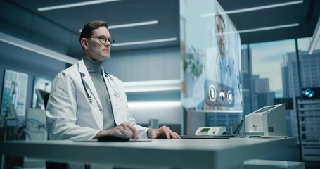 Aufkleber - Futuristic Telemedicine Holographic Display: Doctor Does Video Call Consultation with Specialist Colleague. Advanced Medical Technology Remote Patient Care. Communication Transform Healthcare