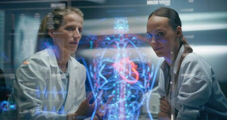 Aufkleber - Physician And Patient Analyze Cardiac Hologram show AI Cardio Vascular Disease Prevention Analysis. Myocardial And Arterial Data, 4D Visualization Of Cardiovascular Rhythms For Precision Treatment