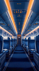 Airplane cabin, front view, blue seats with white turban pieces, dark blue carpet, bright and warm, flat illustration, flat colors. The overall tone of the picture is warm white.