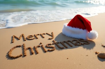 Merry Christmas written on sand with Santa hat at beach