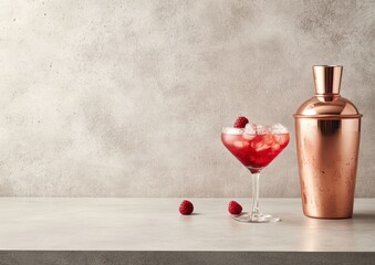 Elegant copper cocktail shaker, next to it a glass filled with a bright red drink and two fresh raspberries. The background is a soft gray concrete wall, providing space for text or product placement.