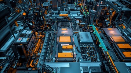 Canvas Print - Aerial panorama of a car battery manufacturing facility, with advanced robotic machinery on top assembling components. In the center