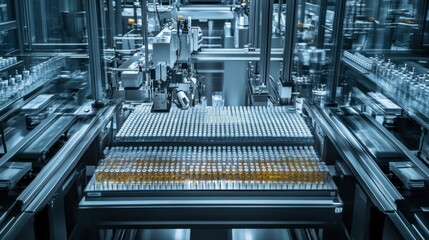 Canvas Print - Aerial panorama of a pharmaceutical production floor, with assembly-line machinery at the top section carefully handling syringes