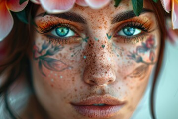 A close-up of a woman with captivating blue eyes and intricate floral face paint, adorned with a crown of vibrant flowers, showcasing natural beauty and artistic expression