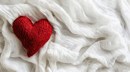 A cozy red heart resting on soft white fabric, symbolizing warmth and affection in a serene indoor setting