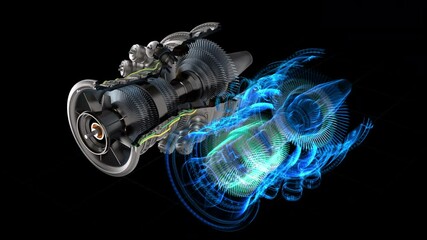 Leinwandbilder - Innovative Turbine Engine Design Integrates Precision Components With Dynamic Holograms, Showcasing Advanced Engineering and Sustainable Energy Technology.