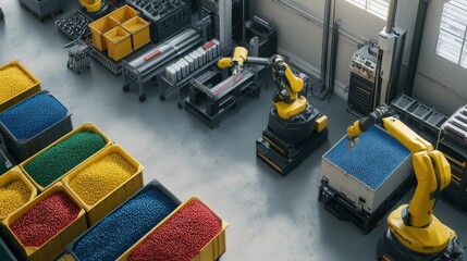 Wall Mural - an overhead view showing an industrial plastics plant with robotic arms assisting the molding machin